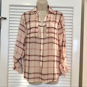 New York & Company plaid sheer blouse